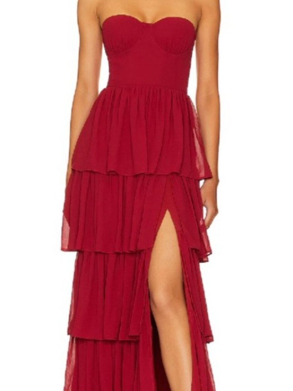 Lovers and Friends Hattie Gown XS in Deep Red tiered maxi flowy strapless dress - Picture 2 of 4